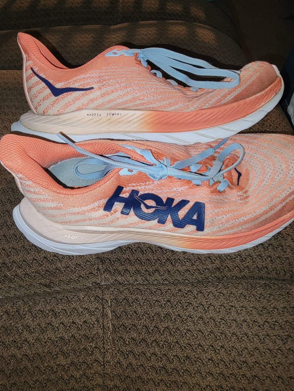 Hoka MACH 5 Women's Coral and Light Blue Running Sneakers